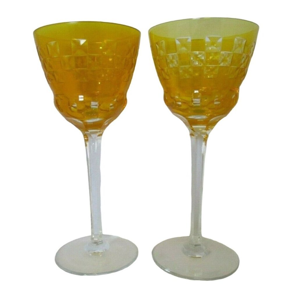 Vintage Bohemian Yellow Cased Cut to Clear X in Square Pattern Wine Pair - Picture 4 of 12